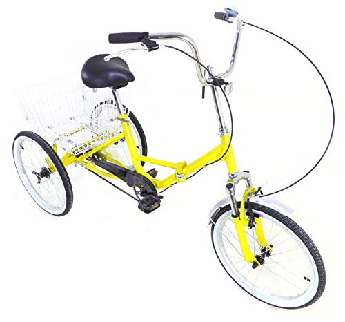 KAUITOPU 20 Zoll Dreirad, Faltrad Dreirad mit Einkaufskorb für Erwachsene Senioren 1 Gang 3 Räder Fahrrad mit verstellbarem Sitz Gelb