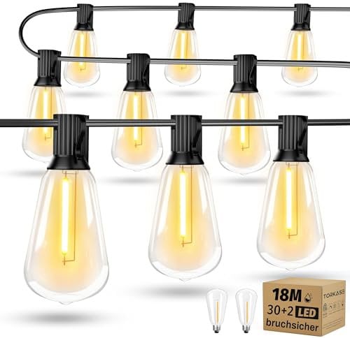 Torkase Garden String Lights, 18M/60FT IP54 Waterproof LED Festoon Lights Outdoor, Indoor Outdoor ST38 String Lights for Garden, Yard, Wedding, Christmas, Backyard, Terrace, Party, Patio(30+2 Bulbs)