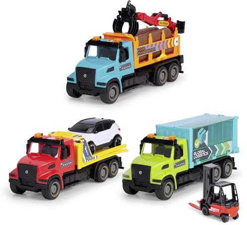 Dickie Toys - Heavy Road Truck (22 cm) - 1 Volvo VHD 300 Spielzeugauto mit Friktion (Holztransporter, Abschlepp-Set ODER Container-Transporter), Auto-Spielzeug für Kinder ab 3 Jahre, 3-Fach Sortiert