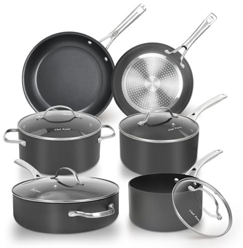 Chef Power Pots and Pans Set, Hard Anodized Cookware Set, Nonstick Pan, Fit Induction, Oven, Dishwasher, Stainless Steel Handle, Essential