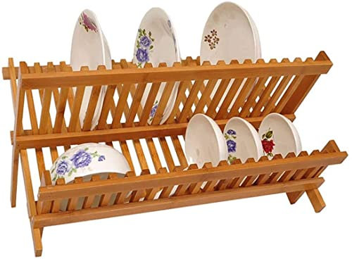 PINZHEN Escurreplatos de Madera escurridor de Platos Plegable Estante para secar Platos Estante de Madera Hecho de Organizador de mostrador Natural