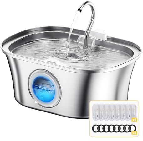 Trinkbrunnen für Katze, Katzenbrunnen Edelstahl, 3.2L Wasserbrunnen für Katzen, Leiser Katzen Trinkbrunnen,Mehrfach-Filterung Katzentrinkbrunnen mit 8 Ersatzfilter und 8 Schaumfilter