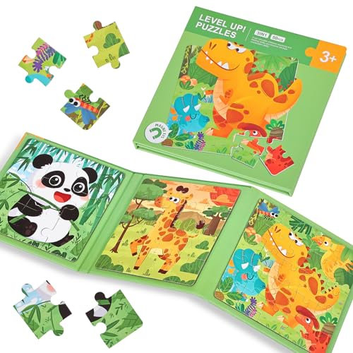 BBLIKE Magnetic Puzzles for Toddlers - 3-in-1 Animal Jigsaw Puzzles for Kids Car Airplane Road Travel Activities Toys for 3 4 5 Year olds Boys and Girls, 14x14x1.5cm