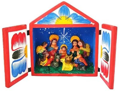 100 North, Retablo aus Holz mit Tür, handgefertigt in Peru, traditionelle Farben, 8,9 x 10,2 cm, Krippe
