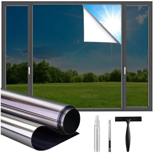 Windimiley Fensterfolie Sonnenschutz Hitzeschutz,Spiegelfolie Fenster Sichtschutz Selbstklebend,UV Schutzfolie Einseitig Blickdicht Wärmeschutzfolie für Sommer Silber 75x200cm