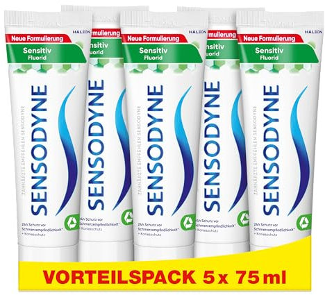 Sensodyne Sensitiv Fluorid Zahnpasta,5x75ml, tägliche Zahncreme zum Schutz vor Karies, bei schmerzempfindlichen Zähnen