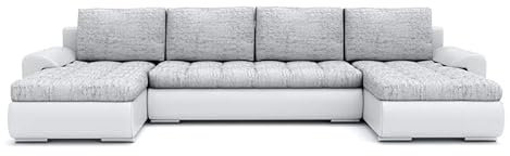 Mebligo - Ecksofa mit Schlaffunktion und Bettkasten Tokio III, Eckcouch aus Kunstleder, Sofa U Form 302x159x89 cm, Couch Wohnzimmer, Ecke Sofa Wohnlandschaft, Schlafsofa Hellgrau/Kunstleder Weiß