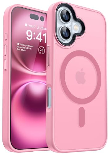 CANSHN Coque Magnétique pour iPhone 16 (6,1 Pouces), Compatible avec MagSafe,[Toucher Doux et Soyeux] Housse Mat Translucide,Rose