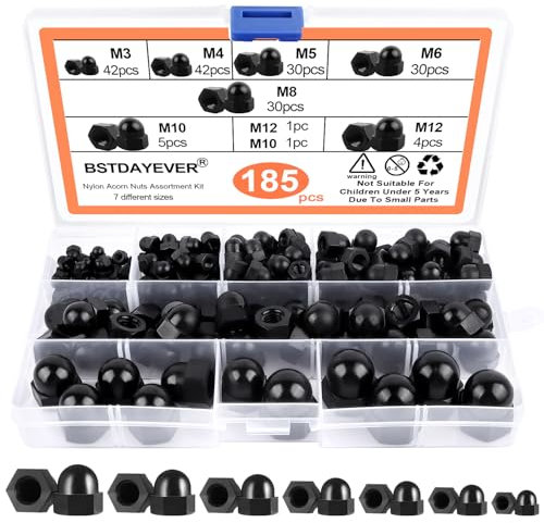 Tuercas de Sombrerería de Forma Alta M3/M4/M5/M6/M8/M10/M12 Tuercas Ciegas 185pcs Tuercas de Cúpula Antioxidante Tapa de Tuerca Hexagonal para Muebles Bicicletas Carpintería Acero (Schwarz/Nylon)