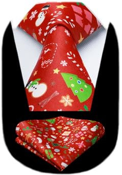 HISDERN Rot Krawatte Herren Weihnachten Krawatten mit Einstecktuch Set Funny Klassische Weihnachtsmotiv Party Festival Xmas Schlips Taschentücher