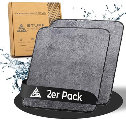 stuff from above® 2 Stück Premium Mikrofasertücher für Auto & Autolack 600GSM - Weich, flauschig & extra saugstark Autopflege Polier-Reinigungstuch & Trockentuch - Mikrofaser-Tuch 40x40cm grau-schwarz