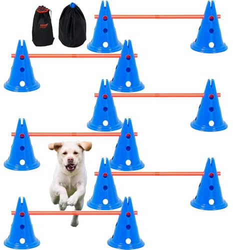 VEVOR Équipement d'Entraînement d'Agilité pour Chien, Ensemble 6PCS, Kit Parcours d'obstacles pour Chiots, avec 12 Cônes, 6 Tiges d'Agilité, Barre Transversale Réglable en Hauteur, Sac de Rangement