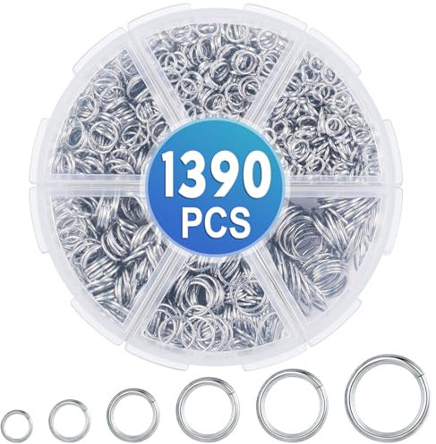 1390 Stück Biegeringe Kit, 6 Größen Jump Rings Silber Spaltringe Metall kettenring Offene Schmuckherstellung Ringe für Schmuck machen Armband Halskette Charms Reparatur (4mm 5mm 6mm 7mm 8mm 10mm)