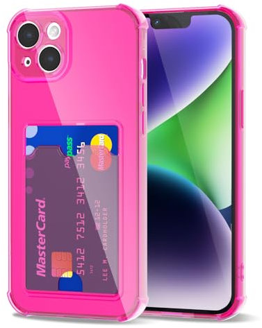 Svanove for iPhone 14 Case Wallet Clear, Card Holder Case with Credit Card Slot, Thin Slim Transparent Silicone Grip Soft Rubber Protective Shockproof Airbag Bumper for Women, Hot Pink