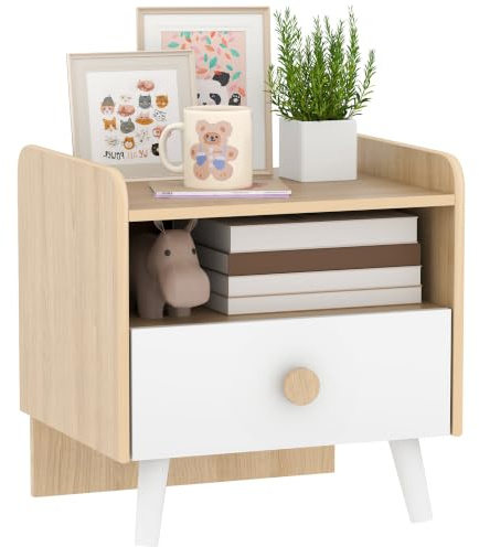 AIYAPLAY Comodino con Cassetto 40x32.5x40 cm Bianco e Color Legno | per Bambini 3-10 Anni, Design Minimal, Comodino Cameretta Bambini, MDF e Legno di Pino