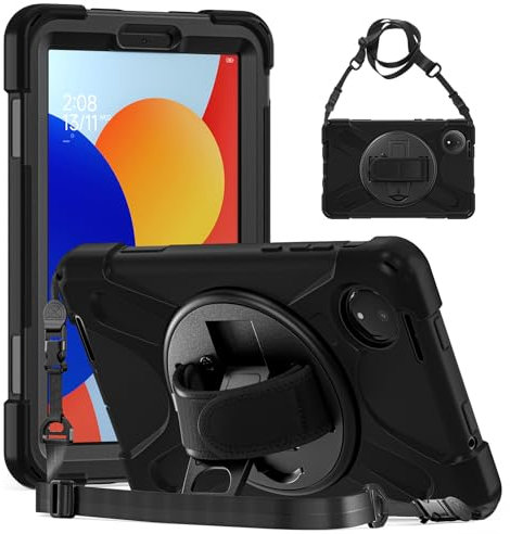 Gerutek Cover per Xiaomi Redmi Pad SE 8.7 Pollici 2024, Custodia Robusta in Silicone Antiurto con Cavalletto Girevole 360° e Cinghia a Mano/Spalla/Portapenne per Redmi Pad SE 8.7, Nero