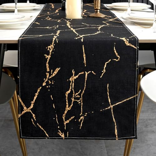 ViaElayu Tischläufer Modern Schwarz Gold Marmor Textur Abstrakte Abwaschbar Outdoor Frühling Landhausstil Vintage Bauernhaus Rechteckige Tischdecke Küche Tisch Läufer Party Deko 40x140 cm