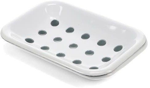 Two-Part Enamel Soap Dish in White, Vintage Bar Holder for Shower, Bathroom Dishes with Drainage, Retro Metal Washroom Stand, Decorative Ceramic Look, Small Soapdish, Wall Mountable Style.