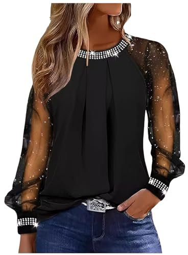 Angebote Festliche Blusen Damen Schwarz Elegant Sexy Silvester Outfit Pailletten Oberteil Modern Casual mit Glitzer Shirt Glitzer Oberteile Herbst Winter Große Größen Langarm Tunika Festliche Blusen
