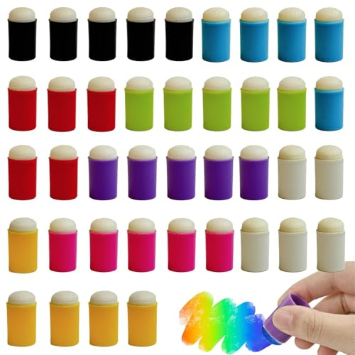 JSTHHTT 40 Stück Finger Schwamm Daubers, Fingerschwamm Dauber Malwerkzeug, Haltbarer Kunststoffgriff Handwerk, Kunststoffgriff Finger Schwamm, für Kunst Druckfarben DIY Vorlagen Gemälde
