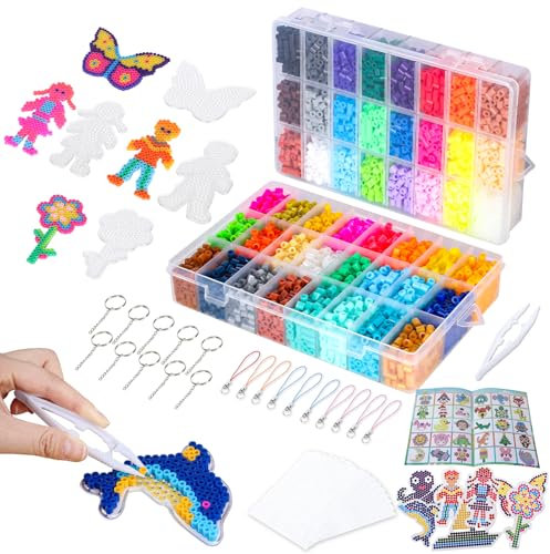 VynyQoo Fuse Beads Set, 8200pcs 5mm Iron Beads 48 Colours with Pegboards, Ironing Paper, Keyrings, Tweezers – DIY Arts and Crafts Toy for Stress Relief, Gift for Kids, Boys & Girls