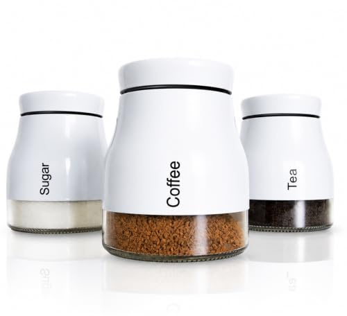 ATEK Tea Coffee Sugar Glass Canister Set, 3 Pack Screw Lid Storage Jars | Airtight Screw Top, Durable Construction, Multipurpose Kitchen Storage, Easy to Clean