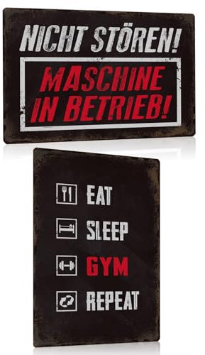 2er Set Gym Blechschild 20x30cm - EAT SLEEP GYM REPEAT - Nicht stören Maschine in Betrieb - Metallschild Schild Bild Poster Wanddekoration - Geschenke für Fitnessraum Fitnessstudio (B)