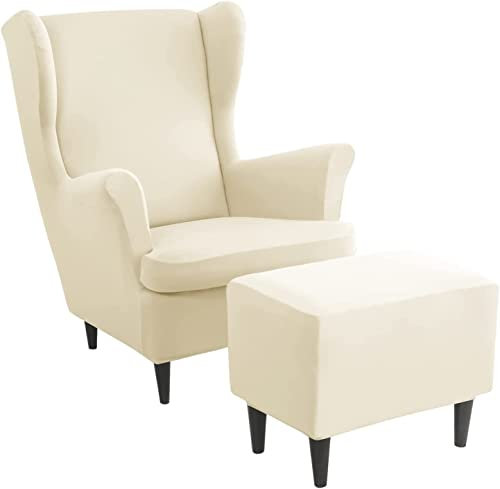 Generisch Ohrensessel überzug mit Hocker Bezug, 2 Teilig Sessel-Überwürfe+1 Teilig Ottomane Schonbezug, Beige/Grün/Rosa/Blau Ohrensessel Schonbezüge Sesselhusse Stretch Tiger Stuhlbezug mit Armlehne