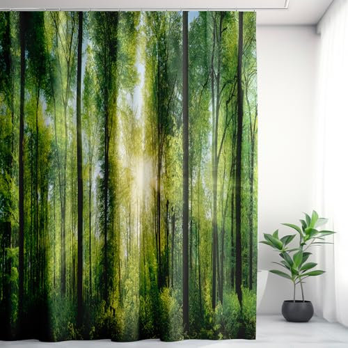 BANLMEYD Garten-Duschvorhang, grüner Wald, hohe Bäume, Sonnenschein, Duschvorhänge, 180 x 180 cm, Badezimmer-Vorhänge, Polyester, 3D-Landschaft, Duschvorhänge für Feuchtraum, Badewanne