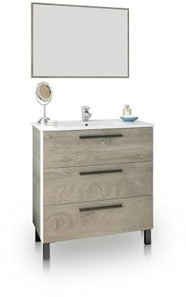duehome | Mueble de Baño con 3 Cajones y Espejo, Modulo Lavabo, Modelo Sense, Acabado en Roble Alaska, Medidas: 80 cm (Ancho) x 86 cm (Alto) x 45 cm (Fondo)
