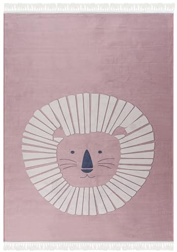 Mazovia Spielteppich Kinderzimmer 140x200cm Rosa Löwe Pflegeleicht Kurzflor | Kinderteppich für Schlafzimmer Spielzimmer Mädchen Maschinenwaschbar Rutschfest Allergikerfreundlich Tierfreundlich Blickfang
