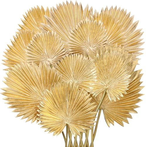 Suncalla 12 Pcs PU Foam Artificial Gold Palm Leaves Faux Palm Tropical Leaves Mixed Sizes Fake Tropical Golden Fronds for DIY Wedding Bouquets Centerpiece Arrangement Anniversary Party Home Decoration