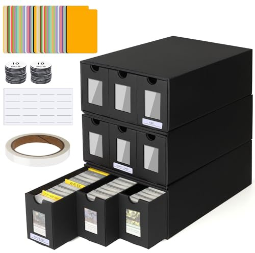 POKIENE 8800+ 3 PCS Trading Storage Box Card with Window, Card Storage Box with 48 Card Dividers, Labels Tape and Drawers, for Tcg, Mtg, Ptcg, Sports Cards