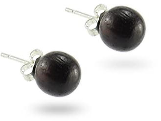 Budawi® Holzperlen Ohrstecker – Naturholz dunkelbraun ca. 8 mm | Handgefertigte Ohrringe mit 925er Sterling Silber Stift & Schraube | Lieferung im Organzasäckchen