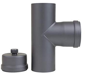 Tubo a gomito per canna fumaria a pellet, diametro 80 mm, colore grigio e nero (raccordo a T con capsula, grigio)