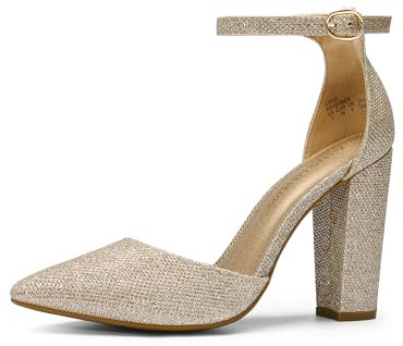DREAM PAIRS Women's Coco High Heels Chunky Block Pumps Pointed Closed Toe Ankle Strap Dress Shoes,Size 3.5,Gold/Glitter,Coco
