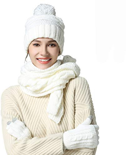 KENZOE Damen Wollmütze/Schal/Handschuhe, Art und Weise warme weiche Kabel gestrickte Winter-kaltes Wetter-Geschenk-Set groß Weiß