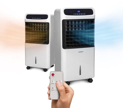 Trioclima + Enfriador de aire caliente de 10 litros, aire caliente y aire frío y deshumidificador portátil de 2000 W, con mando a distancia y temporizador con pantalla digital, 10 litros