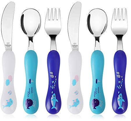 Lehoo Castle Couverts Enfant 6 Pièces, Couverts pour Bébé 2 x Cuillères, 2 x Fourchettes, 2 x Couteaux, Set Couvert Bebe pour Garçons Filles(Océan)