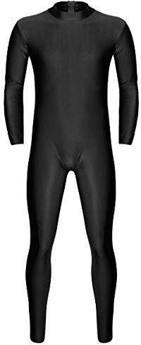 MSemis Erwachsenen Einteiler mit Reisverschluss für Männer Langarm Unterwäsche Ganzkörperanzug Stehkargen Tanzbody Turnanzug Ganzanzug Leotard A Schwarz XL