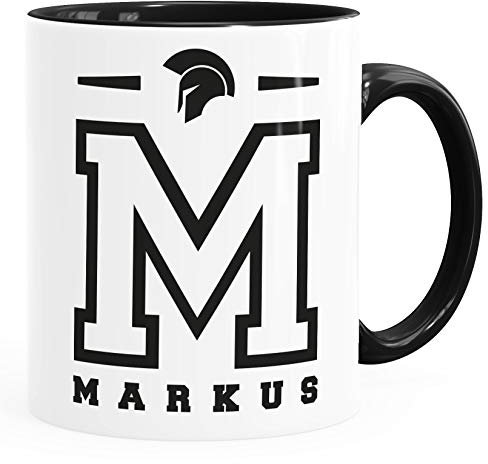 Moonworks® Kaffee-Tasse Initiale Name Sparta Helm personalisierbares Motiv Geschenk Männer College Style schwarz Keramik-Tasse