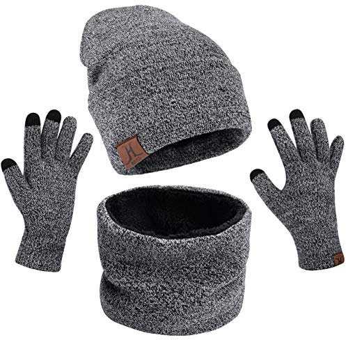 Petrunup Winter Mütze Schal Handschuhe Set Herren, 3Pcs Warm Beanie Snood und Handschuhe Touchscreen mit Thermovlies Futter, Grau