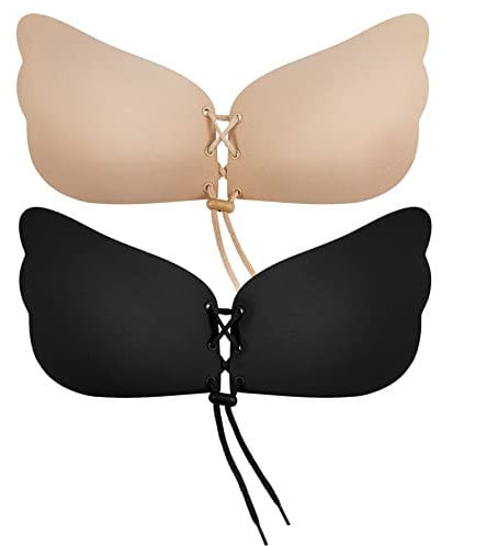 Bafully Invisible Adhesive Strapless Bra 2 Pack Sticky Push Up Silicone Bra with Drawstring for Women (2 Pack (Black & Nude), B)
