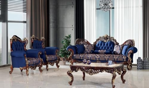 Casa Padrino Luxus Barock Wohnzimmer Set Blau/Dunkelbraun/Gold - 2 Sofas & 2 Sessel & 1 Couchtisch - Handgefertigte Wohnzimmer Möbel im Barockstil - Edel & Prunkvoll