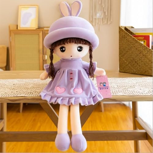 ITODA Bambola di pezza decorativa per bambine, giocattolo carino e morbido di peluche, bella bambola ragdoll con cappello gonna per bambini, regalo di Natale e compleanno, 50 cm, viola