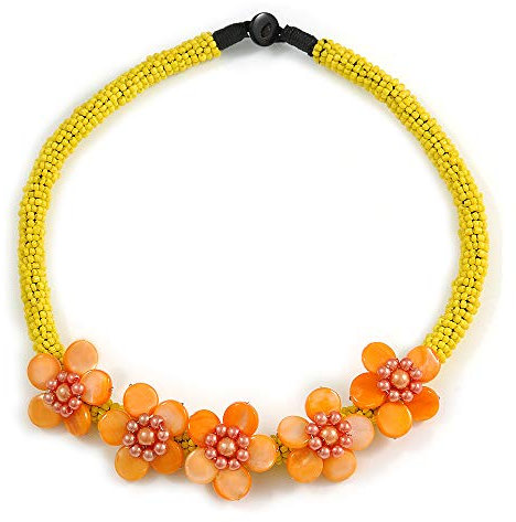 Avalaya Collier en perles de verre Jaune/orange avec motif floral – Longueur 48 cm, Verre Verre Coquillage