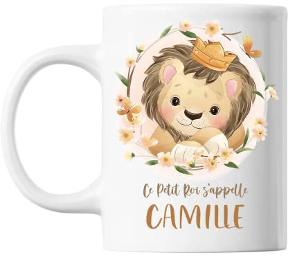 Planetee Mug Camille bébé Lion Roi | Tasse prénom idée cadeau Humour Mignon pour enfant garçon | Imprimé en France