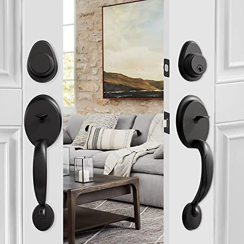 Natsukage Front Door Handle Double Door Lock Set Entrance Handle Set with Dummy Heavy-Duty Adjustable Handle Sets with Deadbolt and Lever Handle(Matte Black,Antique)