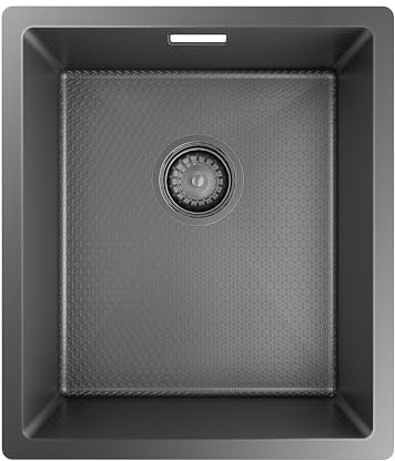 TORVA Fregadero rectangular de acero inoxidable de 38 x 44 cm, con revestimiento nano negro, escurridor y kit de desbordamiento