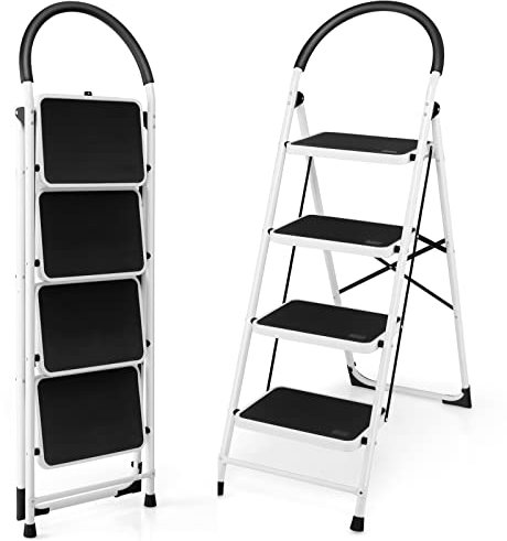 TANGZON Folding 3/4 Step Ladder, Steel Step Stool with Widen Anti-Slip Pedals, Reinforced Crossbar, Safety Handrail & Lock, 150kg Capacity Portable Tread Stepladder for Household Garage Shop(4 Step)